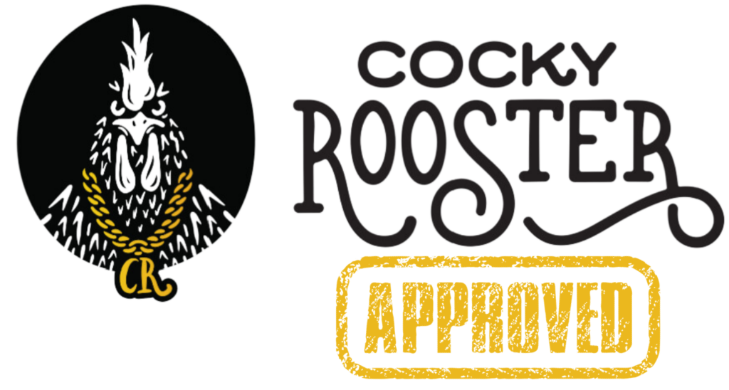 Logo with a cartoon illustration of a rooster's head with a confident expression. The rooster has a nice comb and wattle, a beak, and a proud stance. The text "Cocky Rooster" is displayed below the rooster's head in a bold font with a yellow approve text statement