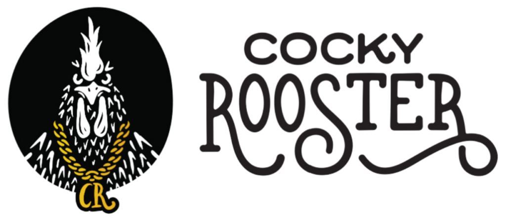 Logo with a cartoon illustration of a rooster's head with a confident expression. The rooster has a nice comb and wattle, a beak, and a proud stance. The text "Cocky Rooster" is displayed below the rooster's head in a bold font.