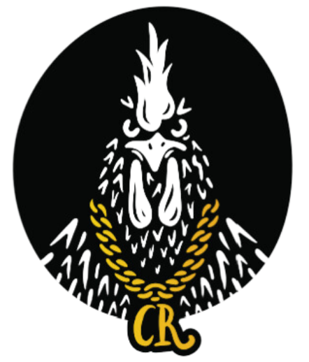 Logo with a cartoon illustration of a rooster's head with a confident expression. The rooster has a nice comb and wattle, a beak, and a proud stance.